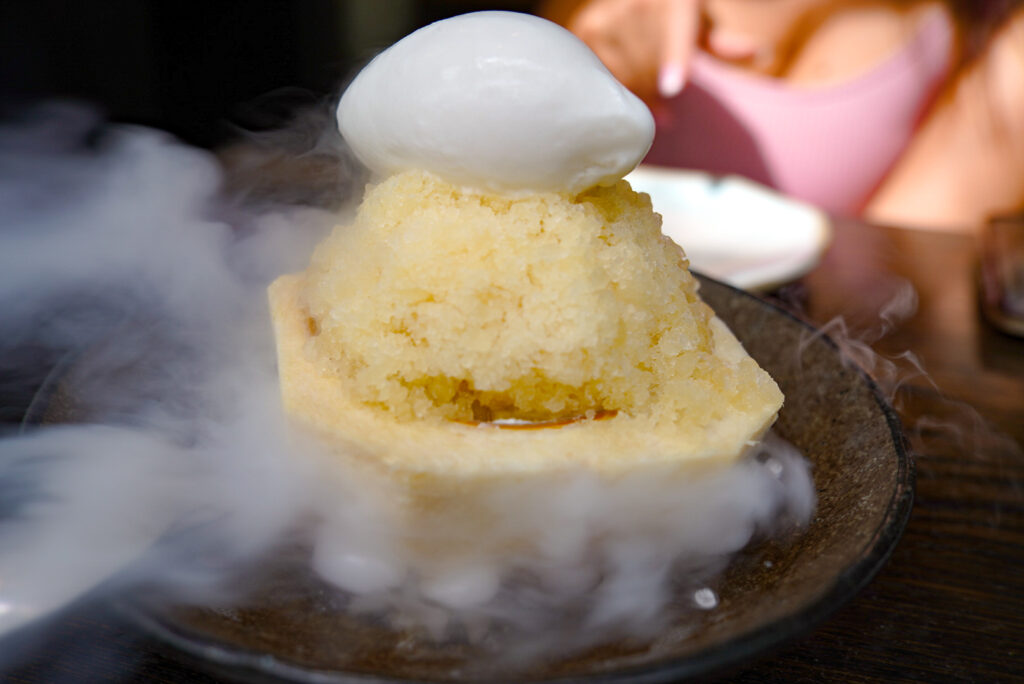 Coconut sorbet, apple granita, pineapple and sago, available on the dessert menu at Lilymu in Parramatta
